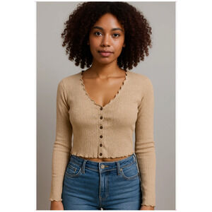 Bozzolo‎ Oatmeal Long Sleeve Button Up Crop Lettuce Hem Blouse Size M Academia